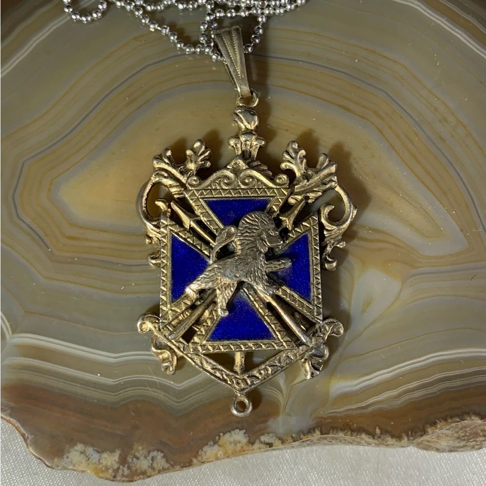 Antique Blue Enamel Maltese Cross Lion Crown Coat of Arms Medal Pendant.